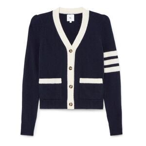 G. Label by Goop GWYN Dimatteo Puff Sleeve Navy Varsity Cardigan Sweater Wool M